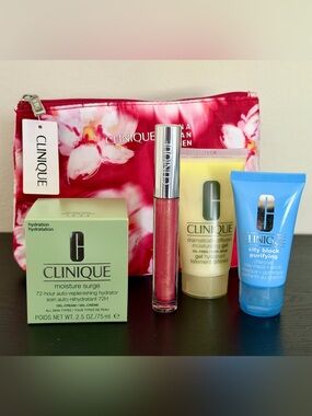 Clinique Moisture Surge with Pink Shimmer Lip Gloss and skincare minis